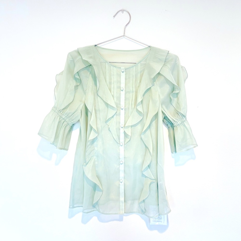 romantic ruffled organza blouse- japanese brand ming green sheer NWT